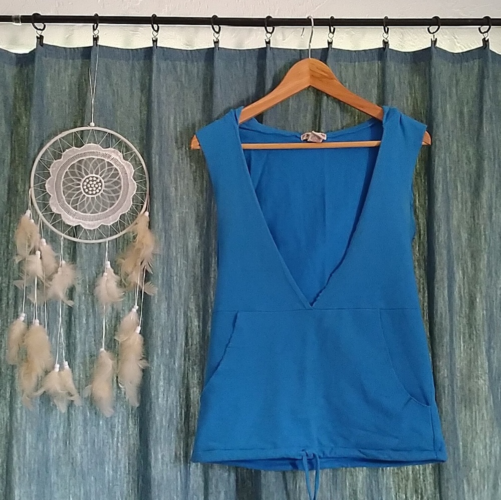 Blue Deep V-Neck Cut-Off Hoodie